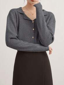 Alicedudu 女式简约法式领仿门襟套头衫，秋冬 - 灰色 - 查看 3