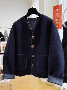 Stylish Korean Chic Faux Lamb Wool Round Neck Short Loose Casual Jacket For Women, Autumn/Winter