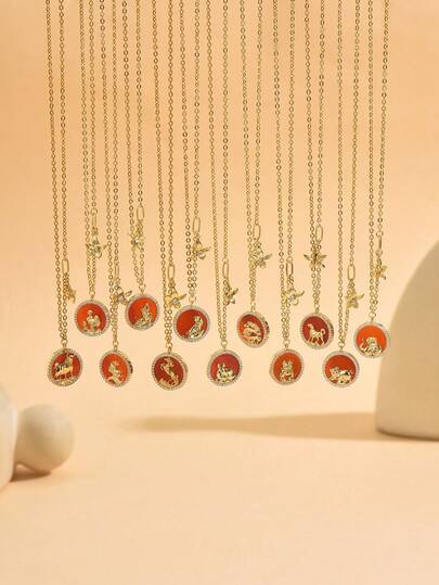 1pc Fashionable Red Agate Decorated 12 Zodiac Pendant Necklace, Vintage Minimalist Design Suitable For Daily Wear, Holiday Matching, Festival Gift
