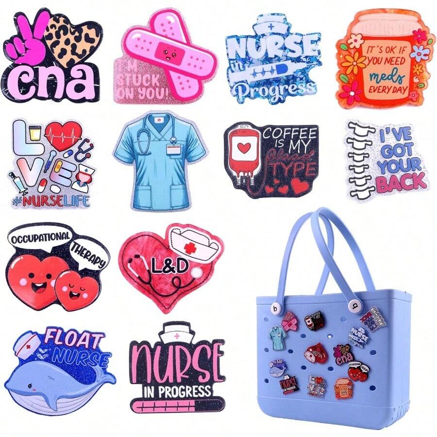 ZYDS 12Pcs Bag Charms For Bogg Bags Acrylic Bag Accessories Nurse Themed Insert Decoran Charms Cpatible With Simply Southern Beach Tote Bags - 如圖 - 查看 1