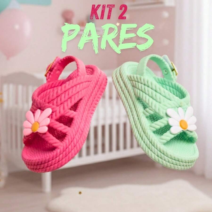 Kit Of 2 Pairs Of Girls' Daisy Sandals, Lightweight And Comfortable, Braided School Shoes - 綠色+粉紅色 - 查看 1