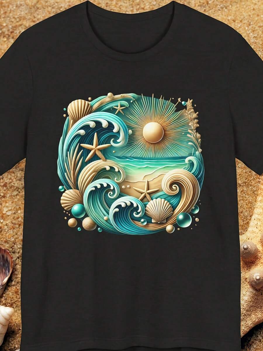 Beach Graphic T-Shirt, Ocean Vibes Shirt, Summer Beach Shirt, Coastal Design Shirt, Vacation Rel, Beach Lover Gift, Sea Theme Shirt, Beach Tee - 款式26 - 查看 1