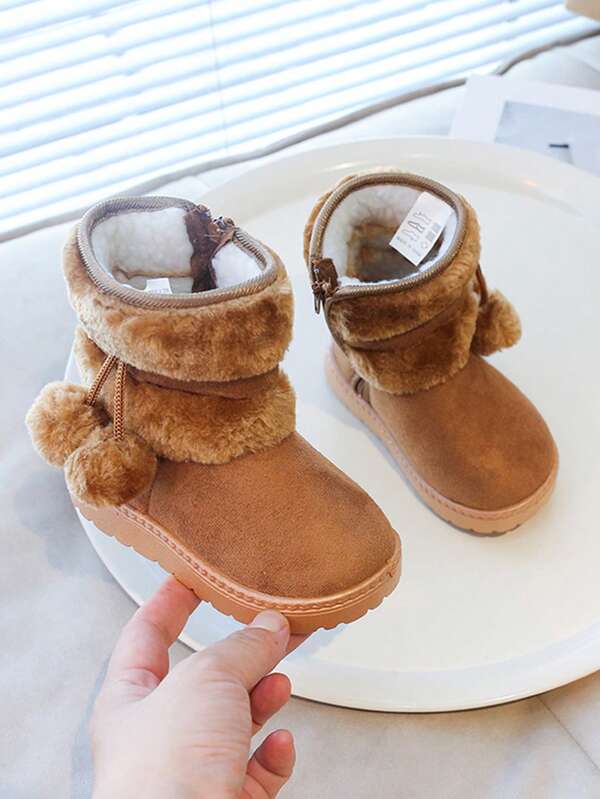 1 Pair Girls' Soft Sole Anti-Slip Snow Boots, Thermal Lined Warm Short Boots, Thick Plush Pom Pom Mid-Calf Boots, Fashion & Versatile For Winter