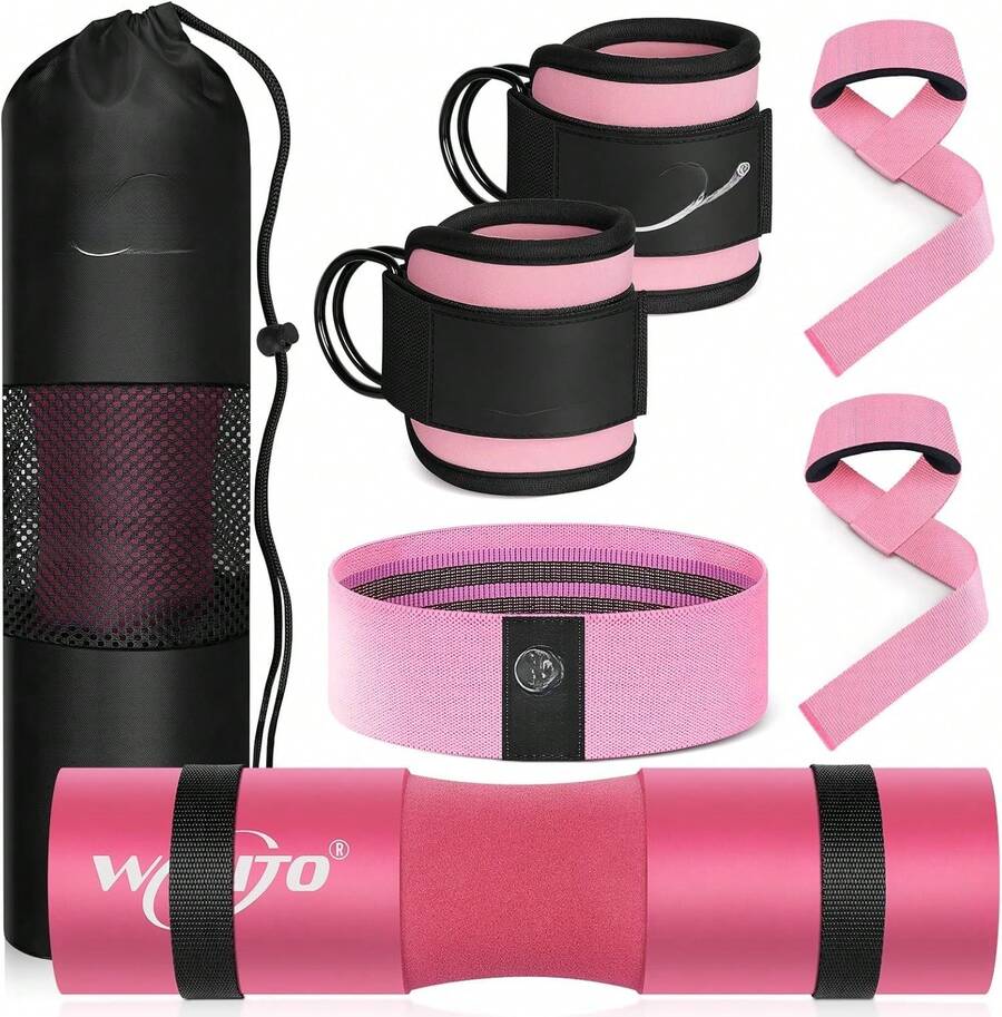 8 Count Barbell Pad Set For  Thrust - Squat Pad,Gym Accessories For Women With Bar Bad,Bench Press, With Gym Ankle Straps,Resistance Bands For Working Out,Lifting Strap,Carry Bag