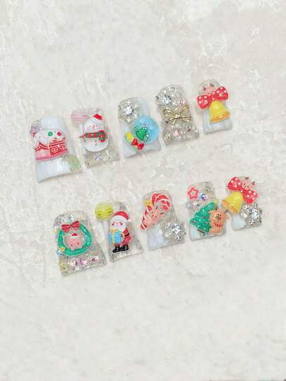 10pcs Christmas Themed Nail Art Stickers - Snowman, Santa Claus, Snowflake Decals, Cute & Elegant For Christmas Party, Gifts, Reusable Nail Decorations With Jelly Glue And Mini Nail File