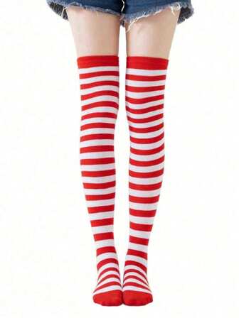 1 Pair Women Christmas Fine Striped Over,The,Knee Socks, Green & White Striped Knee,High Socks, Suitable For Stage Performance, Cosplay, Christmas Party, Events, Wedding Attire, Winter Warm Stockings, Y2k, Cozy Socks