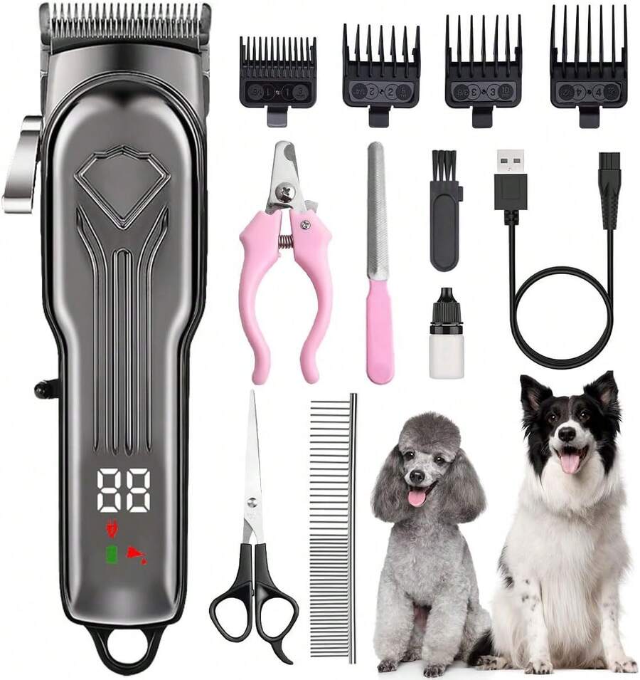 12 en 1 Cortapelos Eléctrico para Perros y Gatos, Con Herramientas de Aseo, Rasuradora Recargable para Perro, Fácil de Recortar, Maquina para Cortar Para Todo Tipo de Pelo de Mascotas - Gris-negro - Ver 1