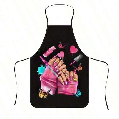 1pc Colorful Butterfly & Lipstick Printed Apron, Durable Polyester Material Suitable For Cooking, Grilling, Gardening, Painting, Nail Art, Unisex For Indoor & Outdoor Use