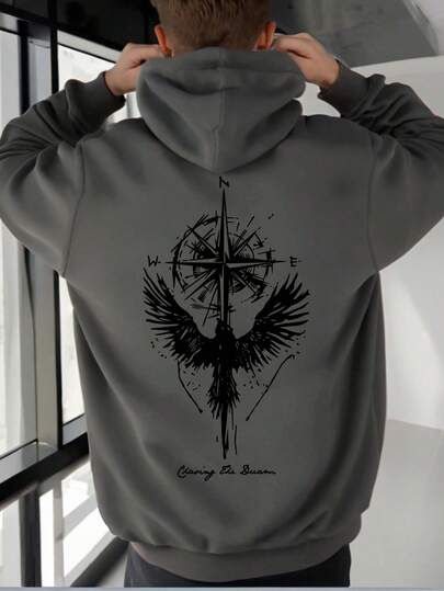 Teen Boy Raven Compass English Graphic Casual Pullover Sweatshirt, Suitable For Streetwear, Outdoor, Daily Wear