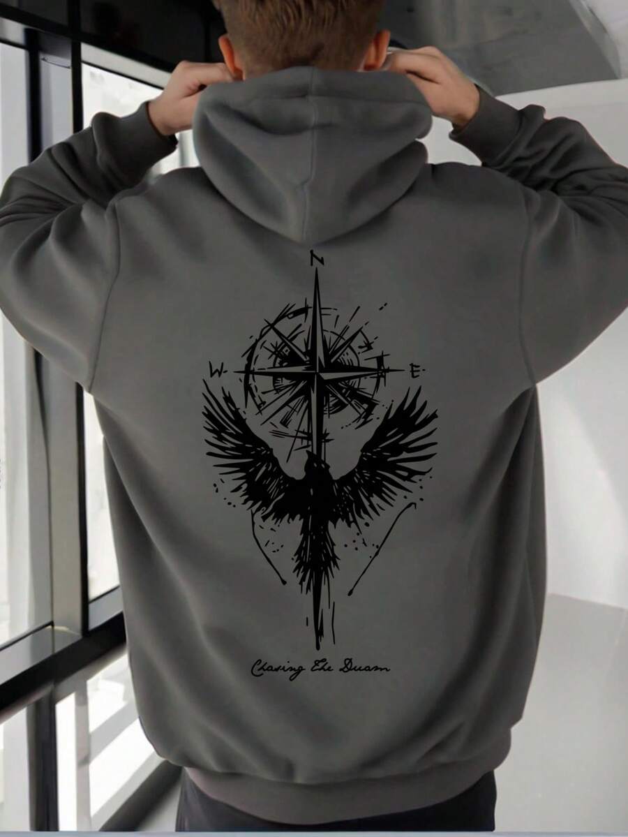 Teen Boy Raven Compass English Graphic Casual Pullover Sweatshirt, Suitable For Streetwear, Outdoor, Daily Wear