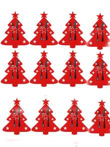 6 piezas/12 piezas Portacubiertos de árbol de Navidad, Bolsillos de fieltro para cubiertos Decoración de mesa navideña Decoraciones para fiestas de Navidad - Rojo - Ver 7