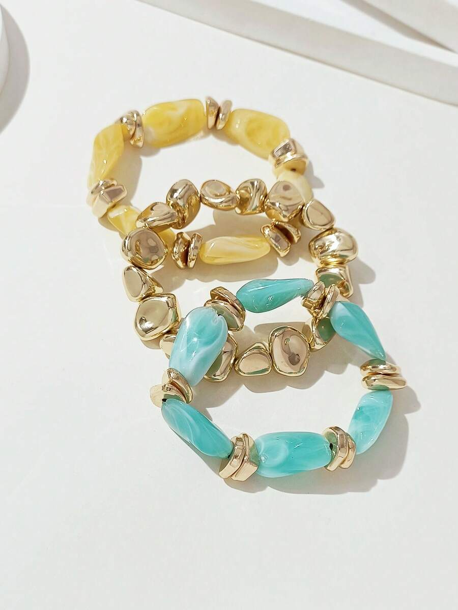 LADYCOCO 3pcs Vintage Thick Chunky Acrylic Beaded Multilayer Bracelet, Transformable Gold Chip Bracelet, Suitable For Women, Couples, Party, Daily Wear - Multicolor 25 - View 1