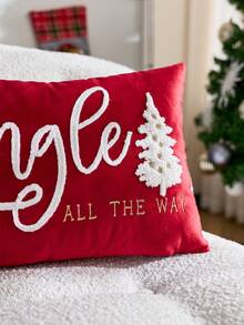1 件圣诞红色“Jingle All The Way”字母和圣诞树刺绣抱枕套，适合室内装饰，不含圣诞装饰枕套、枕芯 - 紅色 - 查看 5