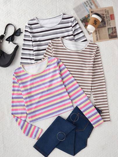 3-częściowy damski, swobodny, w paski, wygodny, długi rękaw, top do noszenia w domu