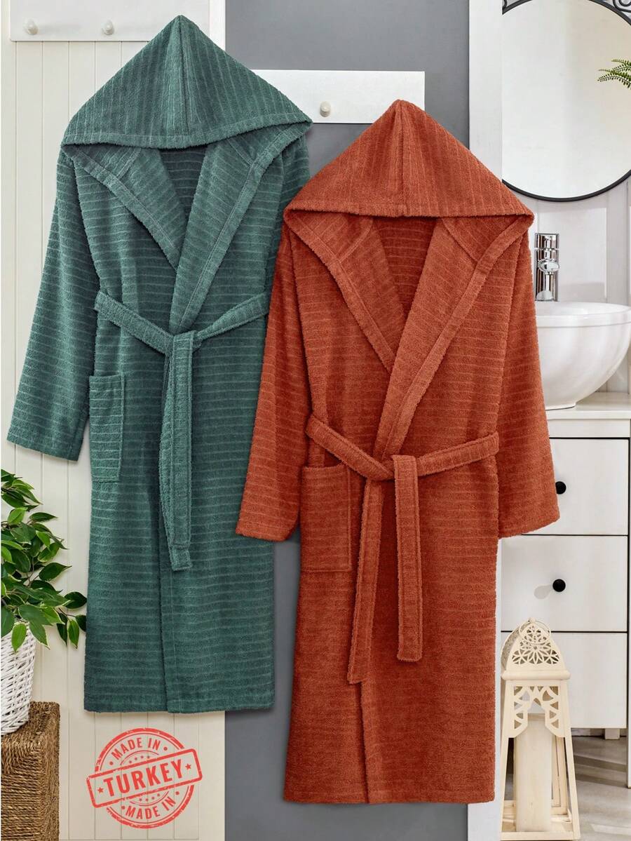 2-Piece 100% Cotton Unisex Bathrobe Set – Black & Green Color Options, Fluffy Hooded Robes For Women & Men, Terry Cloth, Soft With Long Belt – Ideal For Spa, Sauna & Daily Use – S/M & L/XL – Made In Turkey - Màu Cam cháy - Xem 1