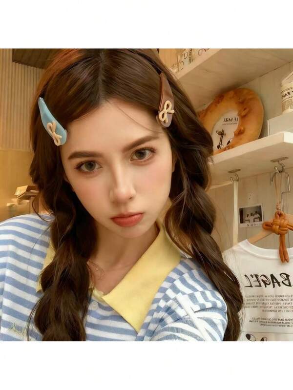 1pcHairclip Fashion Casual Sports Versatile Cute Acetic Acid Girl Heart Contrast Color Bow Practical BB Clip Bangs Side Clip Triangle Water Drop Hair Clip Hair Clip Charming Hair Ornaments Autumn And Winter Hair Accessories Suitable For Daily Use, Home School, Seaside Vacation, Work, Commuting, Party, Holiday, Birthday Gift, Back-To-School Season, Versatile, Go Out Girl, Claw Clips