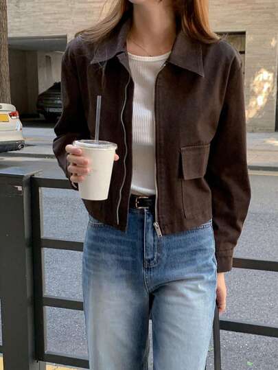 Women's Short Casual Jacket With Collar, Solid Color Woven Fabric, Pockets, Zipper Front, Suitable For School, Holiday, Office, Home, Autumn/Winter