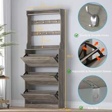 Shoe Cabinet With 3 Flip Drawers & Coat Rack, Narrow Hidden Shoe Storage Cabinet, 2-In-1 Hall Tree Slim Freestanding Shoe Rack Organizer For Entryway, Hallway, And Living Room,23562505 - Dark Grey - View 2