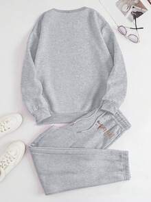 Women's Minimalist Printed Crew Neck Sweatshirt And Sweatpants Set Winter - Light Grey - View 2