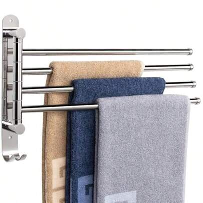 Bathroom Towel Rack Thicken SUS304 Stainless Steel 4Arm Towel Bar Space Saving Wall Mounted Towel Holder With Hook Rustproof Swing Out Towel Hanger For Bathroom Kitchen