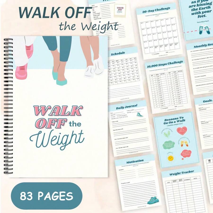 1PC Spiral‑Bound Illustrated Walking Workbook – Walk Off The Weight, Footprint & Wellness Design + 83 Pages Of Daily Walk Plans, Food & Mood Logs For Walking-Based Weight Loss & Mood Building – Walk Off The Weight Planner