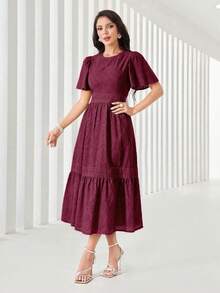 Women's Plain Midi Dress With Lining And Cut-Out Details, Featuring A Round Neckline, Puff Sleeves, Embroidery, And A Gathered Hem. - 中紫紅色 - 查看 4