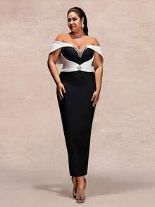 Plus Size Women's Off Shoulder Colorblock Bodice Zipper Detail Formal Evening Gown, Suitable For Wedding, Party, Autumn/Winter