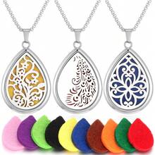 1 Set Water Drop Shape Aromatherapy Diffuser Pendant Necklace Aroma Jewelry Hollow Out Tree Of Life Flower Scent Aroma Perfume Essential Oil Diffuser Necklace For Women Sweater Chain Teardrop Necklace Christmas Halloween - Silver - View 3