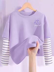 3 件套年轻女孩可爱上衣、儿童女孩优雅 T 恤、带心形图案的保暖内衣