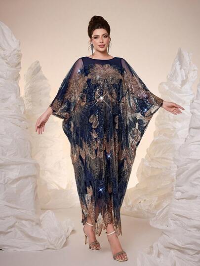 Mgiacy Plus Size Navy Blue Sequin Round Neck Batwing Sleeve Straight Long Dress, Elegant Ladies Summer Formal Gown Suitable For Balls, Galas, Parties And Holidays