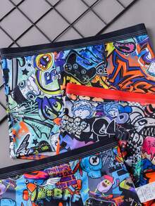 4pcs/Pack Tween Boy Mid-Waist Graffiti Print Boxer Briefs, & Cool - Multicolor - View 4