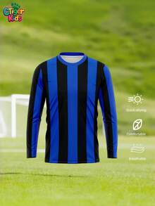 1pc Customized Children's Milan Long Sleeve Football Training Jersey - Personalized With Name And Number (Front/Back) - Blue And Black Striped Design - Quick-Dry And Breathable - Suitable For Football, Volleyball, Basketball, Casual Wear, And An Ideal Gift For Halloween, Thanksgiving, Christmas, And New Year - Blue - View 2