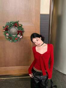 女士蝴蝶结长袖T恤，紧身修身圆领打底衫，春季款 - 紅色 - 查看 3