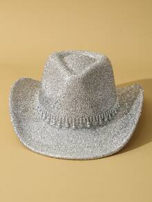 1 件男女通用亮片纯色波西米亚牛仔帽牛仔帽沙滩帽巴拿马帽太阳帽爵士帽软毡帽软呢帽户外 - 銀色 - 查看 5