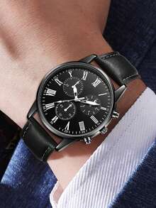 5 Stücke Herren Armband-Set mit schwarzem PU-Lederarmband, klassischem Drei-Augen-Zifferblatt, Quarzuhr für den täglichen Gebrauch oder als Geschenkidee - Schwarz - Übersicht 5