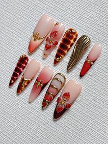 Relic Press On Nails Almond Long 10Pcs - Amber Red Gradient Antique Gold French With 3D Floral Water Drops & Crystal Pearl Beads - Vampire's Treasury Nail Art Kit Reusable With Nail Glue & File - Halloween Gothic Christmas Gold Nail Supplies - 紅色 - 查看 3