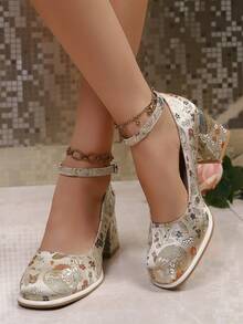 Geeyea A Pair Of Women's Embroidered High Heels, Thick Heel Design, Special High Heels, Unique High Heels, Luxurious And Gorgeous, Very Suitable For Party Wear With Cheongsam Skirt - Màu be - Xem 3