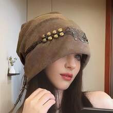 1 件女士别致串珠流苏贝雷帽，复古复古风格，时尚宽松无檐小便帽，修脸，适合春秋季节、旅行、约会 - 彩色 - 查看 3