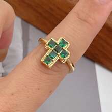 Anello aperto minimalista con croce dorata, intarsiato in rame con zircone cubico, gioiello religioso personalizzato da donna, adatto per uso quotidiano/credenti religiosi