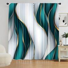 2D Flat, 2-Piece Festive Christmas Decor Window Curtains, Digital Print With Modern Teal & Golden With Abstract Wave Design, Christmas Window Curtain Gift For Bedroom, Living Room, Office, Night Curtain Suitable For General Festivities And Winter Holiday Parties, Perfect For Living Room, Kitchen, Bedroom, And Holiday Winter Decor, Outdoor Christmas Decorations, Rod Pocket Design, Fade-Resistant, Xmas Artistic Style - 彩色 - 查看 1