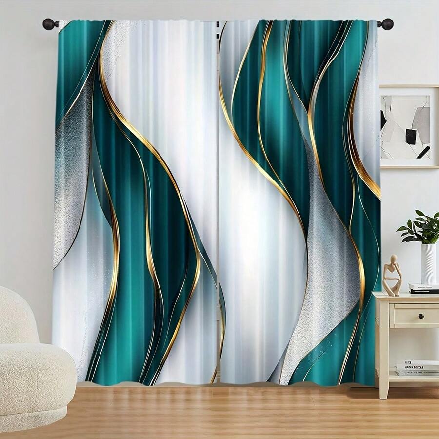 2D Flat, 2-Piece Festive Christmas Decor Window Curtains, Digital Print With Modern Teal & Golden With Abstract Wave Design, Christmas Window Curtain Gift For Bedroom, Living Room, Office, Night Curtain Suitable For General Festivities And Winter Holiday Parties, Perfect For Living Room, Kitchen, Bedroom, And Holiday Winter Decor, Outdoor Christmas Decorations, Rod Pocket Design, Fade-Resistant, Xmas Artistic Style - 彩色 - 查看 1