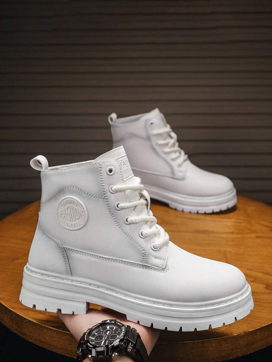 Botas de tobillo de moda para hombres, botas, zapatos casuales con suela gruesa para trabajo al aire libre, estilo británico - Blanco - Ver 1