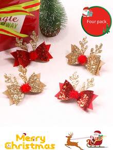 2 件闪亮圣诞鹿角蝴蝶结可爱女婴发夹，适合日常和节日装扮 - 彩色 - 查看 3