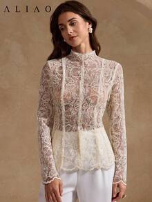 Sedessea Gorgeous Paisley Embroider Mesh Splicing See Through Long-Sleeved Top, Wedding Season, Valentine's Day, White Party Event, Old Money Style, Court Style, Eye-Catching, Elegant Everyday, Autumn Winter - Apricot - View 5