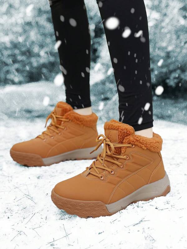 Women's Fashionable Ankle Snow Boots, Outdoor Sports Lace-Up Anti-Slip Hiking Boots, Warm Thermal Lined Walking Shoes, Camel Short Boots For Winter