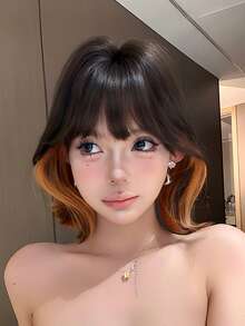 Wig Bob Pendek Keriting 12 Inci dengan Sorotan Cokelat Oranye untuk Wanita - Wig Keriting Modis dengan Poni, Wig Serat Sintetis Lembut, Halus, dan Tahan Panas untuk Penggunaan Sehari-hari, Sempurna untuk Liburan, Festival Musik, Perayaan, Perayaan Sakura, Hadiah Wisuda & Hadiah Aksesori Wig untuk Teman - Coklat - View 4