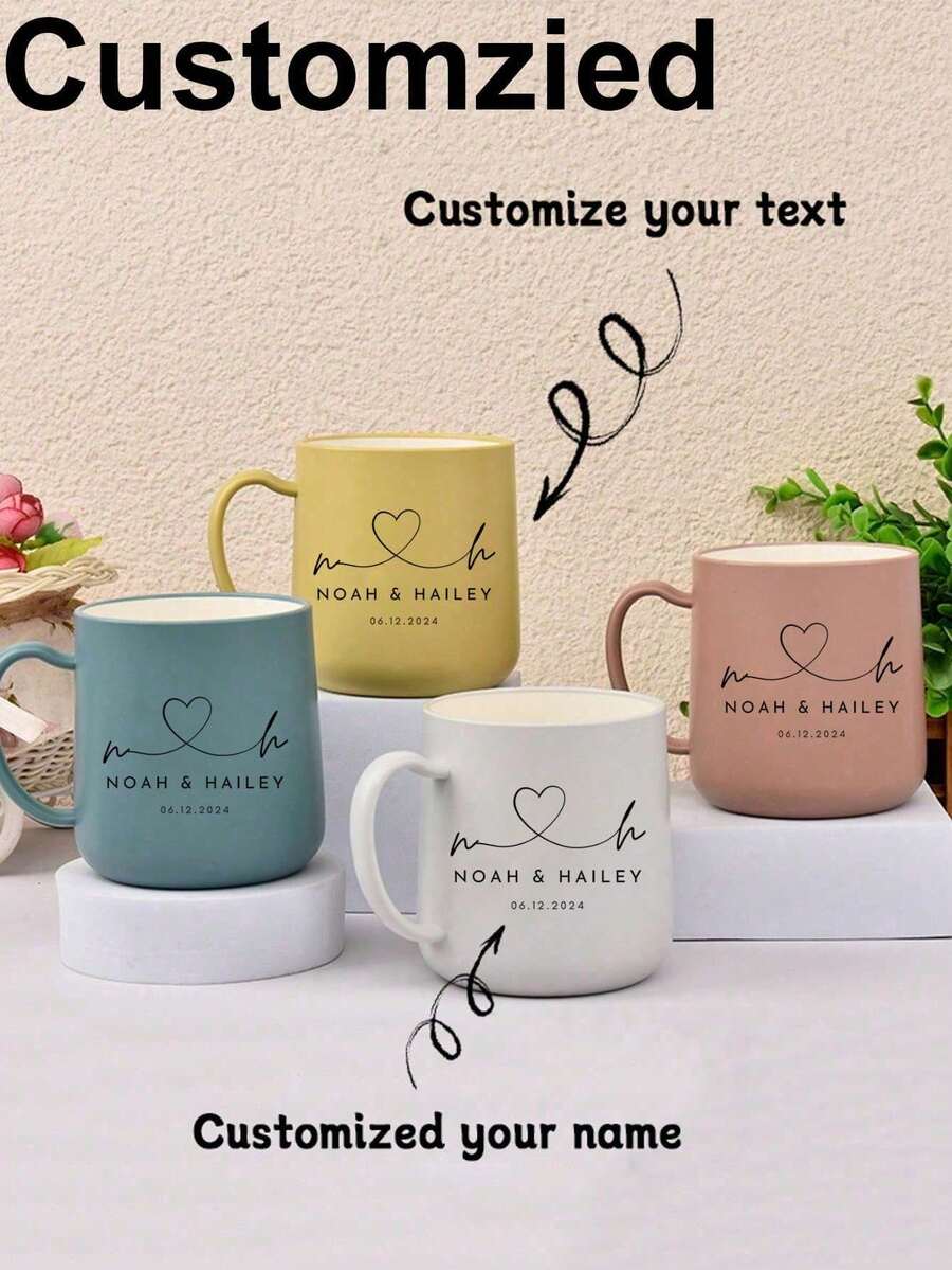 1pc Personalized Coffee Mug, Customized Name Ceramic Cup, 380ml/12oz Plastic Tumbler, Personalized Anniversary Gift, Suitable For Family, Women, Men, Holiday Gift, Mildew Resistant, Reusable, Elegant, Cute, Modern, Minimalist Design - Multicolor - View 1