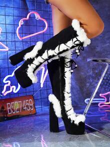 Fall/Winter Punk Fashion Mid-Calf Boots, Faux Fur Thick Platform Shoes - Black and White - View 7