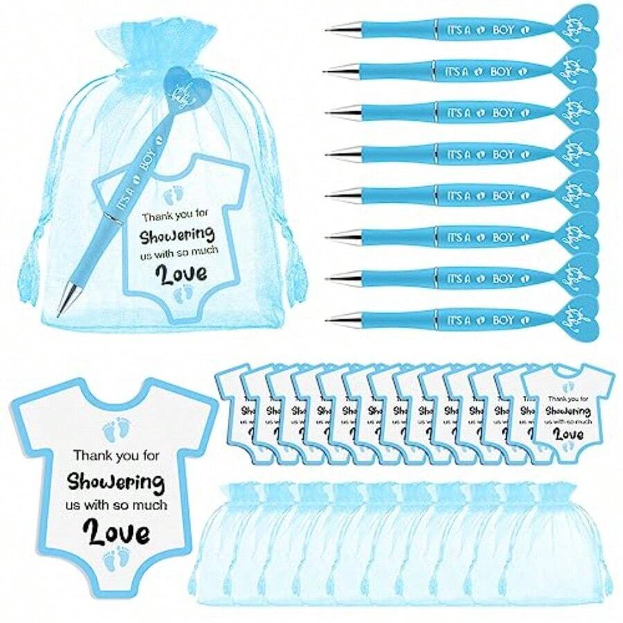 DHarloon 50 Set Baby Shower Pens Favors For Guests It's A Boy Ballpoint Pens Baby Shower Party Favors Blue Cards 50 Organza Bags For Gender Reveal Gifts Game Prizes Souvenirs - 藍色 - 查看 1