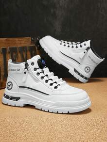 男士高帮皮革摩托车靴，旋转扣设计，纯色，厚底，户外骑行，派对，旅行，校园，学生，青少年，四季皆宜，皮革，舒适的衬里，靴子，侧拉链和旋转扣设计，方便，摩托车靴，户外靴 - 白灰 - 查看 6